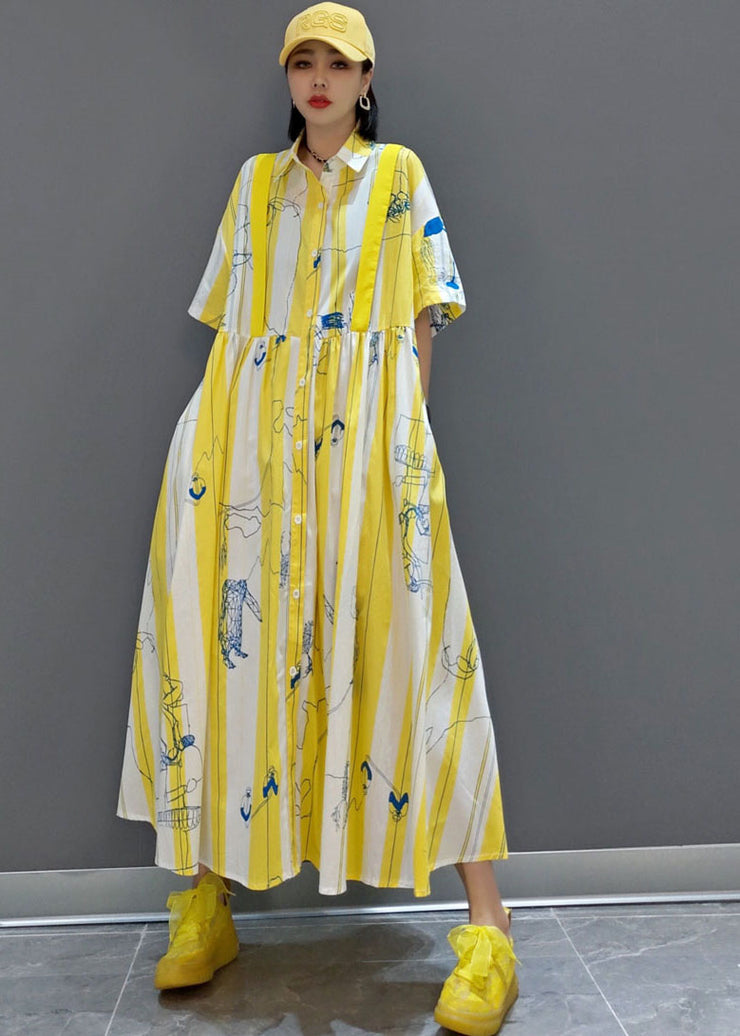 Fashion Yellow Cinched Striped print shirt long Dresses Spring