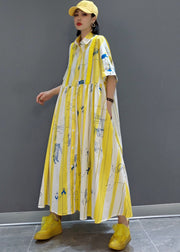 Fashion Yellow Cinched Striped print shirt long Dresses Spring