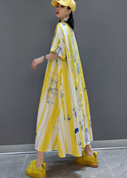 Fashion Yellow Cinched Striped print shirt long Dresses Spring