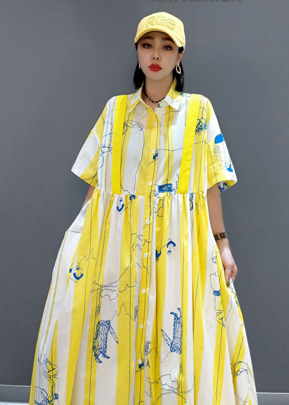 Fashion Yellow Cinched Striped print shirt long Dresses Spring