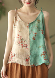 Fashion Yellow Green Print Linen Spaghetti Strap Top Summer