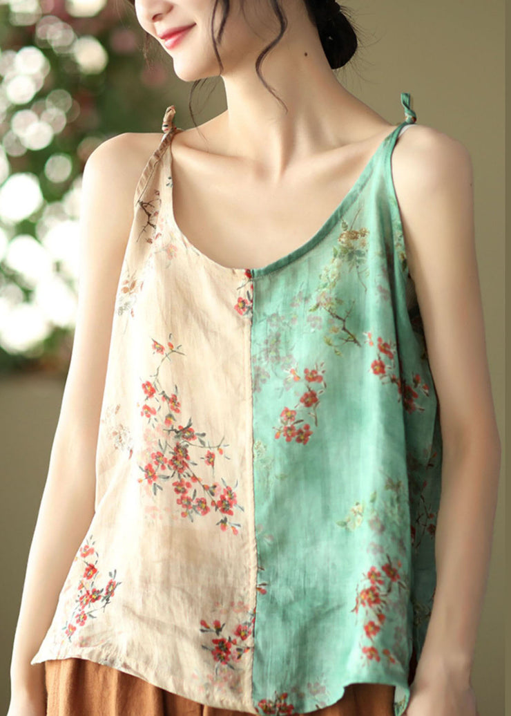 Fashion Yellow Green Print Linen Spaghetti Strap Top Summer