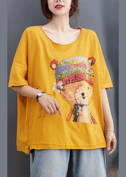 Fashion Yellow Loose O-Neck Print Fall Tees Half Sleeve