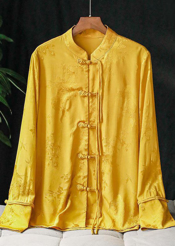 Fashion Yellow Mandarin Collar Jacquard Tassel Silk Shirt Top Long Sleeve