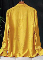 Fashion Yellow Mandarin Collar Jacquard Tassel Silk Shirt Top Long Sleeve