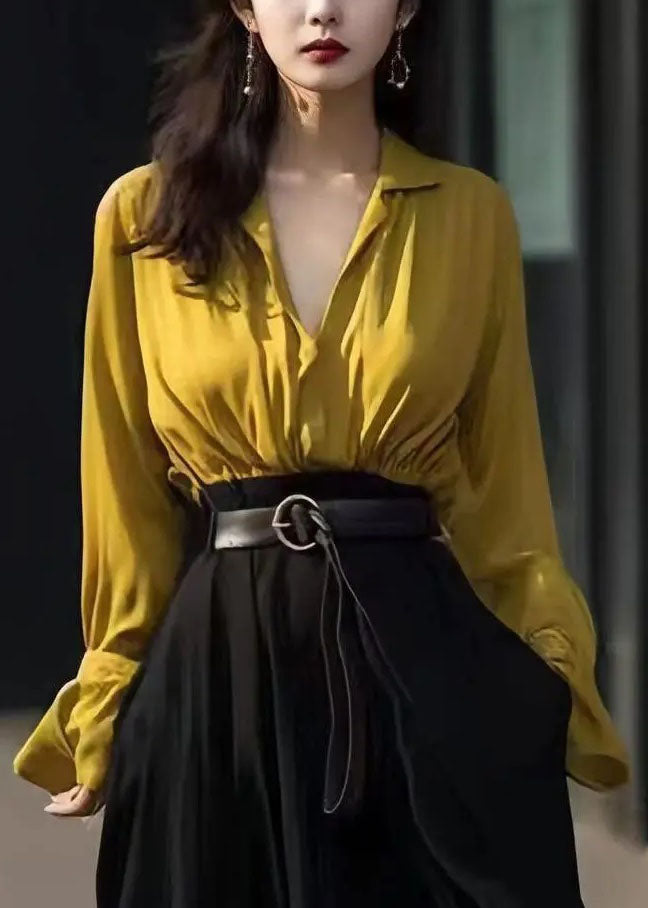 Fashion Yellow Peter Pan Collar Butto Shirt Fall