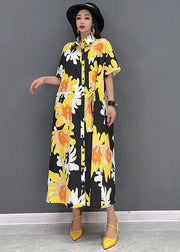 Fashion Yellow Peter Pan Collar Daisy Print Chiffon Holiday Dress Short Sleeve