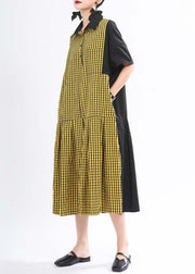 Fashion Yellow Plaid Button Summer Cotton Dress - bagstylebliss