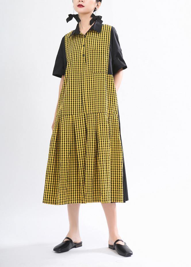 Fashion Yellow Plaid Button Summer Cotton Dress - bagstylebliss