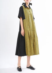 Fashion Yellow Plaid Button Summer Cotton Dress - bagstylebliss