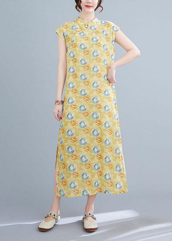 Fashion Yellow Print Cotton Dress Oriental Summer Vacation Dresses - bagstylebliss