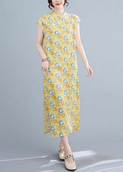 Fashion Yellow Print Cotton Dress Oriental Summer Vacation Dresses - bagstylebliss
