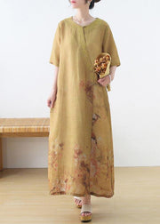 Fashion Yellow Print Oriental Party Dress Summer Linen Dress - bagstylebliss