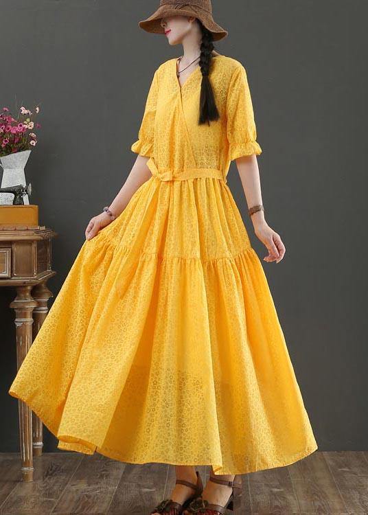 Fashion Yellow Short Sleeve A Line Summer Cotton Dress - bagstylebliss