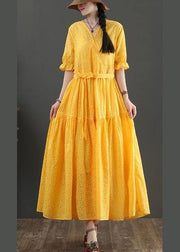 Fashion Yellow Short Sleeve A Line Summer Cotton Dress - bagstylebliss