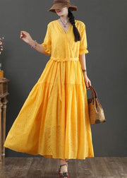 Fashion Yellow Short Sleeve A Line Summer Cotton Dress - bagstylebliss