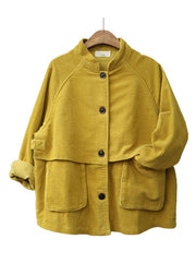 Fashion Yellow Stand Collar Patchwork Button Corduroy Coats Spring