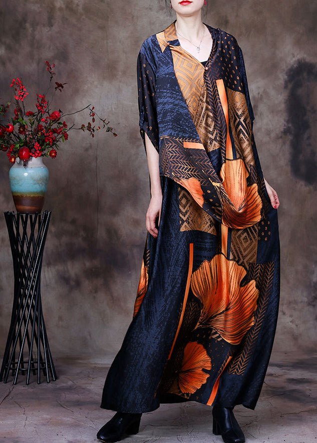 Fashion Yellow V Neck Asymmetrical Patchwork 2024 Silk Long Dress Half Sleeve