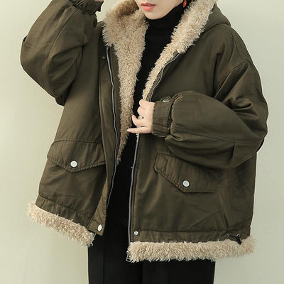 Fashion army green clothes hooded zippered casual knitwear fuzzy wool coat - bagstylebliss