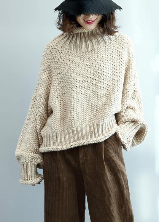 Fashion beige knit tops high neck lantern sleeve trendy plus size knit tops - bagstylebliss