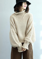 Fashion beige knit tops high neck lantern sleeve trendy plus size knit tops - bagstylebliss