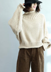 Fashion beige knit tops high neck lantern sleeve trendy plus size knit tops - bagstylebliss