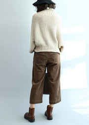Fashion beige knit tops high neck lantern sleeve trendy plus size knit tops - bagstylebliss