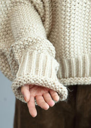 Fashion beige knit tops high neck lantern sleeve trendy plus size knit tops - bagstylebliss