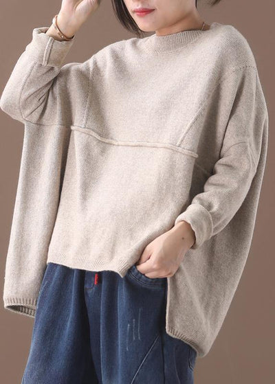 Fashion beige o neck knitted clothes oversize Batwing Sleeve knit sweat tops asymmetric hem - bagstylebliss