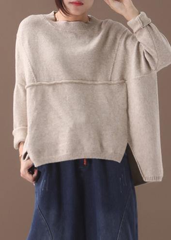 Fashion beige o neck knitted clothes oversize Batwing Sleeve knit sweat tops asymmetric hem - bagstylebliss