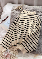 Fashion beige striped sweaters trendy plus size o neck low high design Sweater Blouse - bagstylebliss