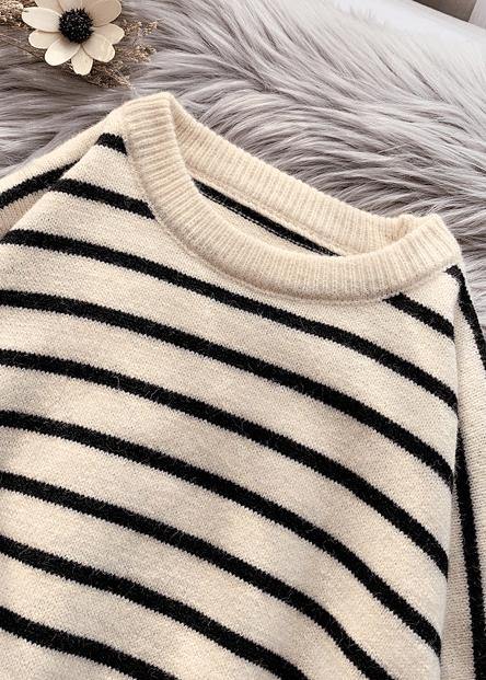 Fashion beige striped sweaters trendy plus size o neck low high design Sweater Blouse - bagstylebliss