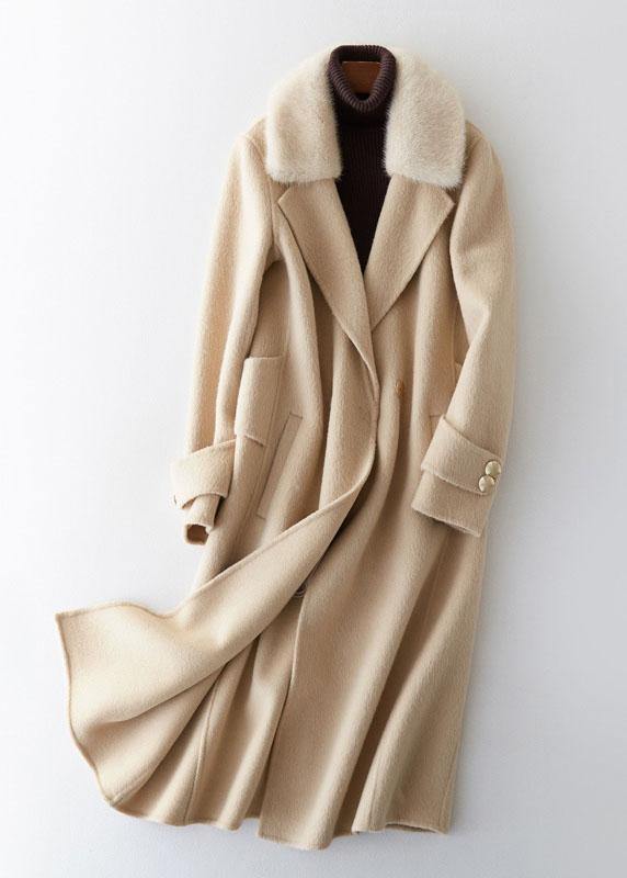 Fashion beige woolen outwear oversized long coats fur collar woolen outwear Notched - bagstylebliss