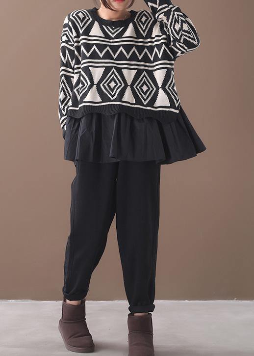 Fashion black Sweater Blouse patchwork plus size Geometry knitted blouse - bagstylebliss