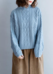 Fashion blue knit tops high neck Button Down plus size knit sweat tops - bagstylebliss