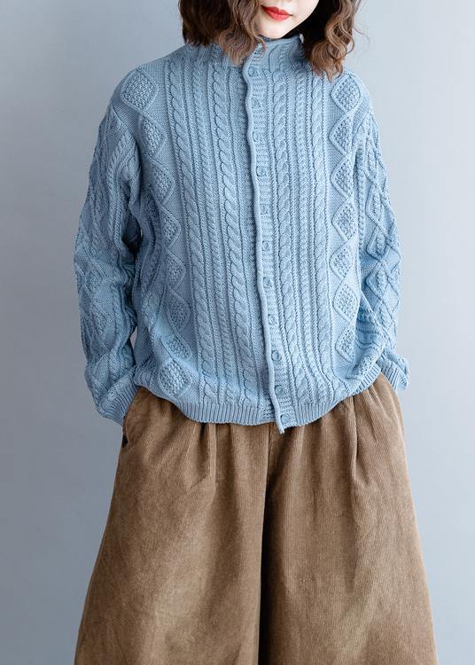 Fashion blue knit tops high neck Button Down plus size knit sweat tops - bagstylebliss
