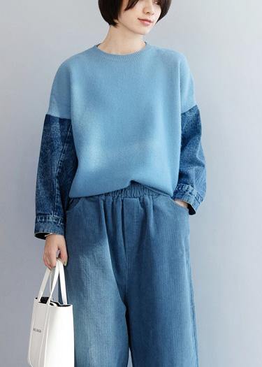 Fashion blue knitted pullover patchwork sleeve fashion o neck knit tops - bagstylebliss