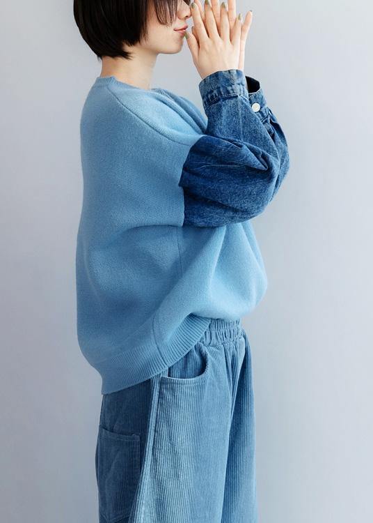 Fashion blue knitted pullover patchwork sleeve fashion o neck knit tops - bagstylebliss