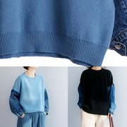 Fashion blue knitted pullover patchwork sleeve fashion o neck knit tops - bagstylebliss