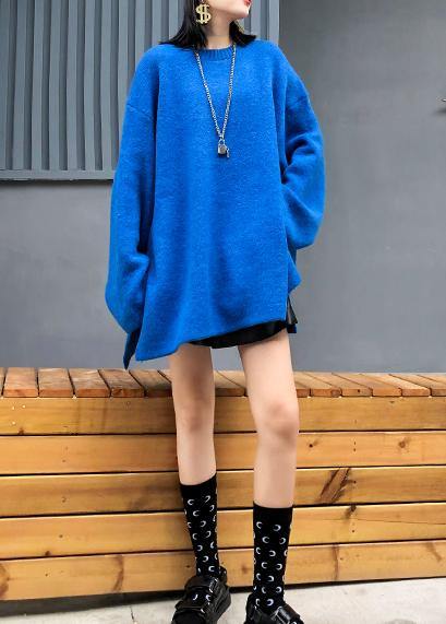 Fashion blue knitted pullover plus size clothing winter knit tops side open - bagstylebliss