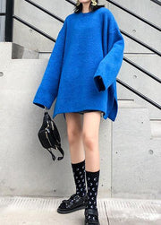 Fashion blue knitted pullover plus size clothing winter knit tops side open - bagstylebliss