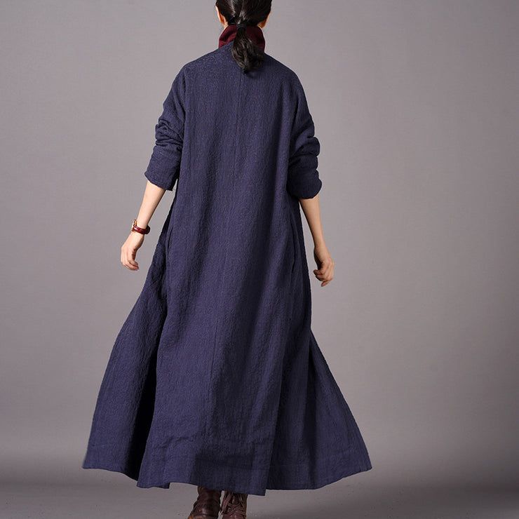 Fashion blue maxi coat oversized embroidery baggy trench coat New side open Coat