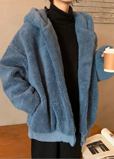 Fashion blue woolen overcoat Loose fitting mid-length coats hooded winter outwear - bagstylebliss