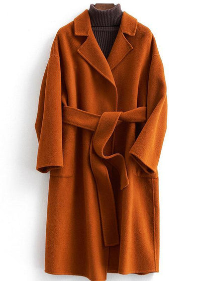 Fashion brown Woolen Coats Women Loose fitting medium length jackets tie waist coat - bagstylebliss