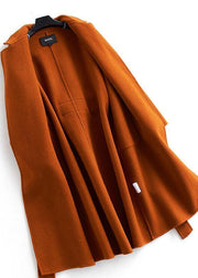 Fashion brown Woolen Coats Women Loose fitting medium length jackets tie waist coat - bagstylebliss