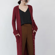 Fashion burgundy maxi coat Loose fitting V neck  long coat Fine pockets coats