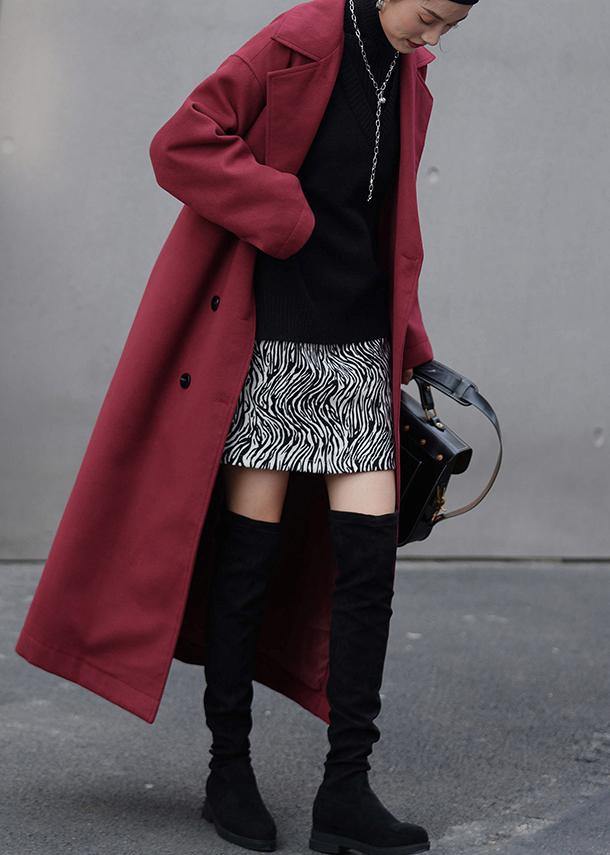 Fashion burgundy wool coat Loose fitting Notched double breast Coats outwear - bagstylebliss