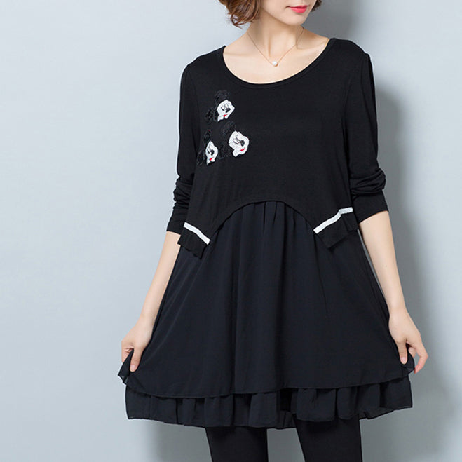 Fashion casual black false two pieces cotton blended dresses plus size  ruffles dresses