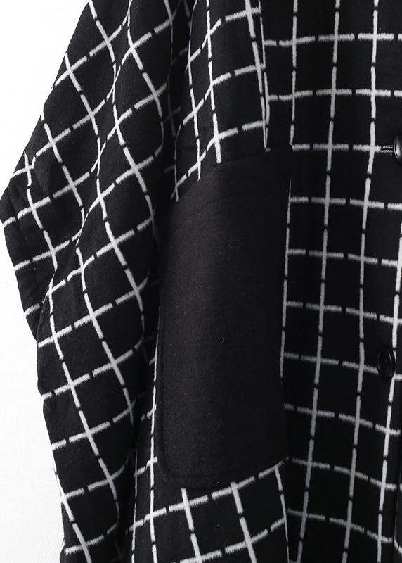 Fashion casual maxi coat outwear black white plaid lapel pockets Woolen Coats - bagstylebliss