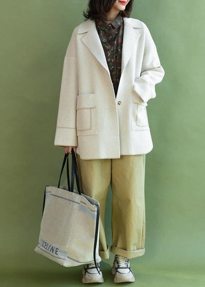 Fashion casual mid-length coats winter outwear beige pockets Wool jackets - bagstylebliss
